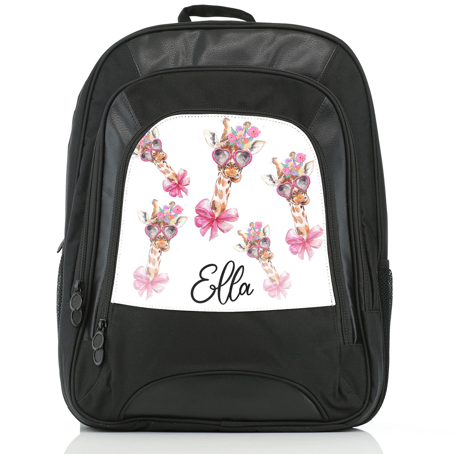 Personalised Large Multifunction Backpack with Giraffe Pink Bow Multicolour Flowers and Cute Text
