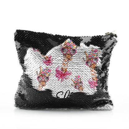 Personalisierte Pailletten-Reißverschlusstasche mit rosa Giraffenschleife, mehrfarbigen Blumen und süßem Text