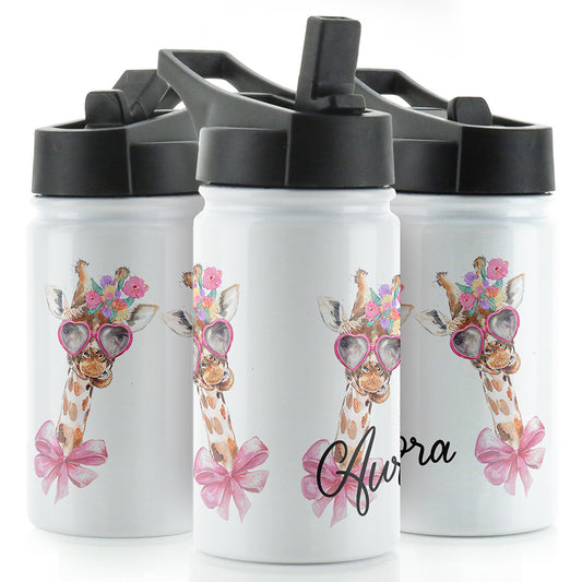 Personalised Giraffe Bow Flowers and Name White Sports Flask