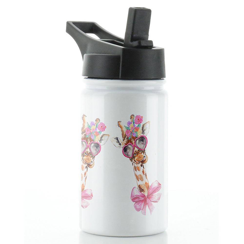 Personalised Giraffe Bow Flowers and Name White Sports Flask