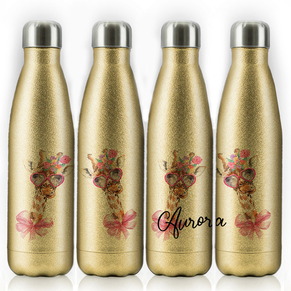 Personalisierte Cola-Flasche mit Giraffen-Schleifenblumen und Namen