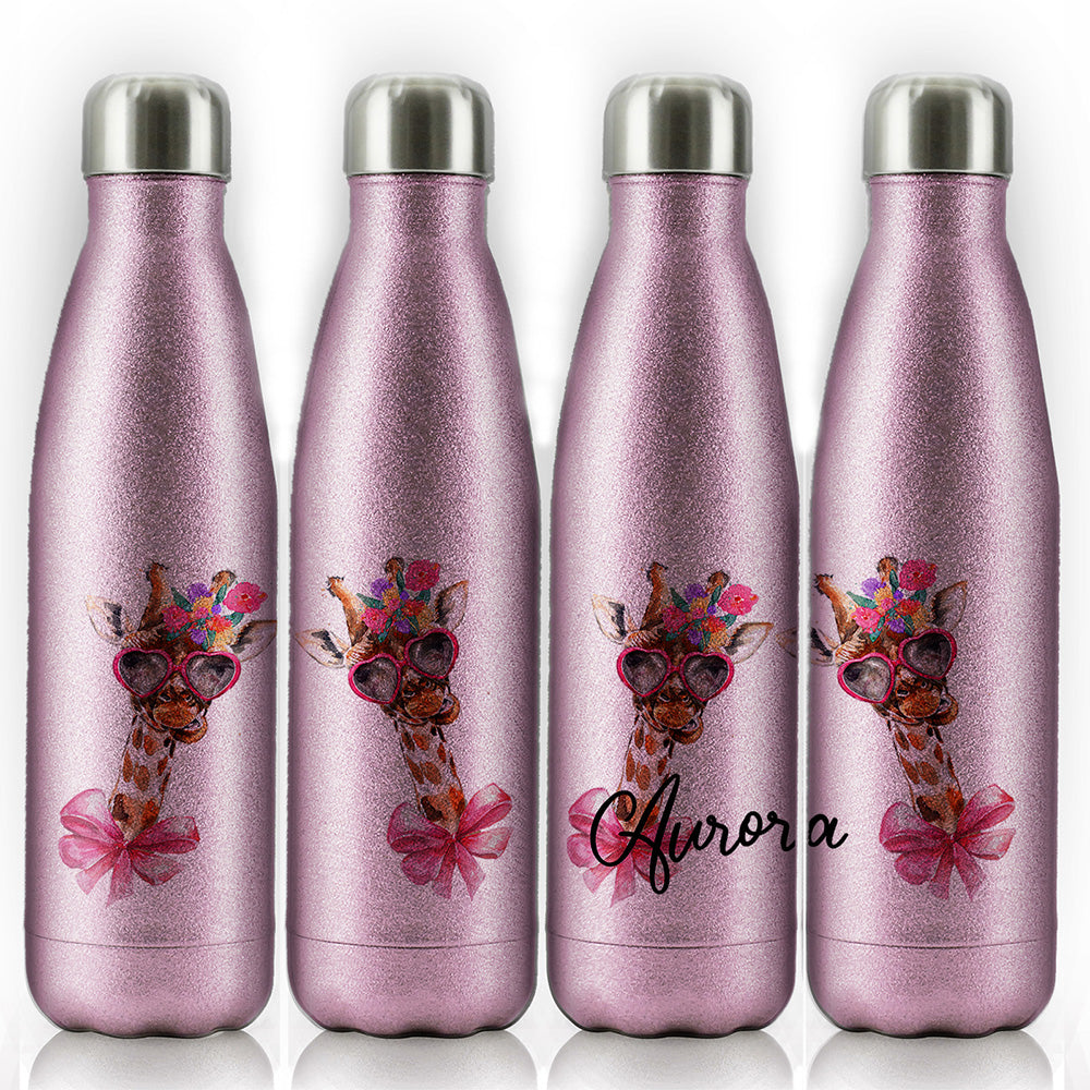 Personalisierte Cola-Flasche mit Giraffen-Schleifenblumen und Namen