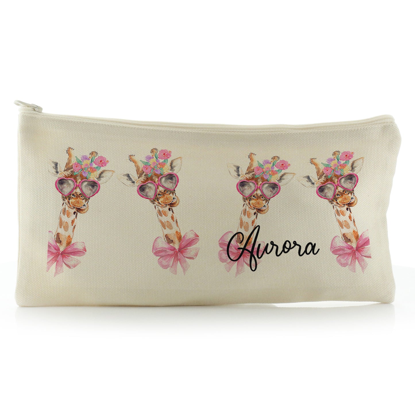 Personalised Canvas Zip Bag with Giraffe Pink Bow Multicolour Flowers and Cute Text