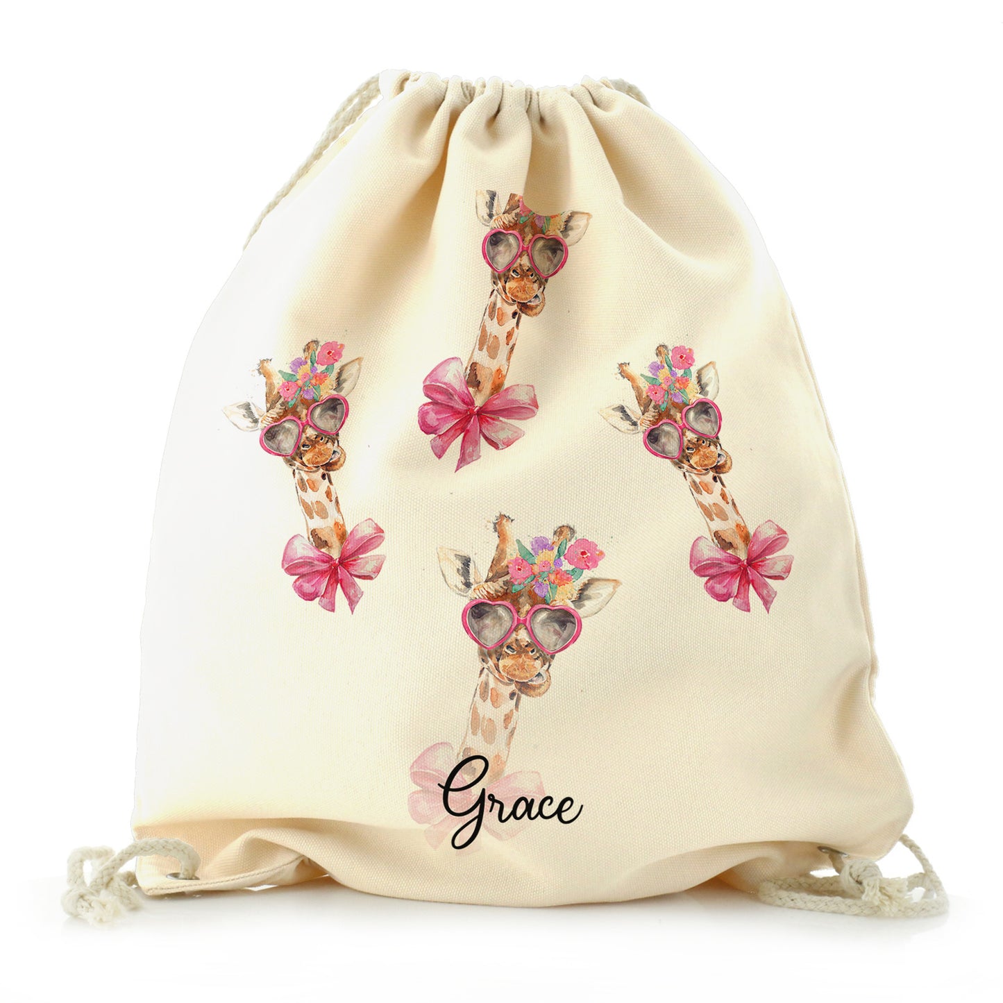 Personalised Canvas Drawstring Backpack with Giraffe Pink Bow Multicolour Flowers and Cute Text