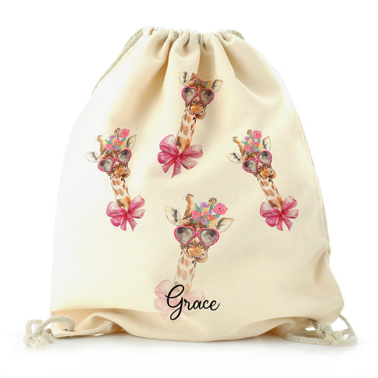 Personalised Canvas Drawstring Backpack with Giraffe Pink Bow Multicolour Flowers and Cute Text