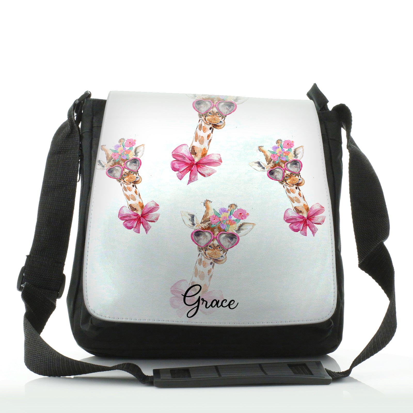Personalised Shoulder Bag with Giraffe Pink Bow Multicolour Flowers and Cute Text