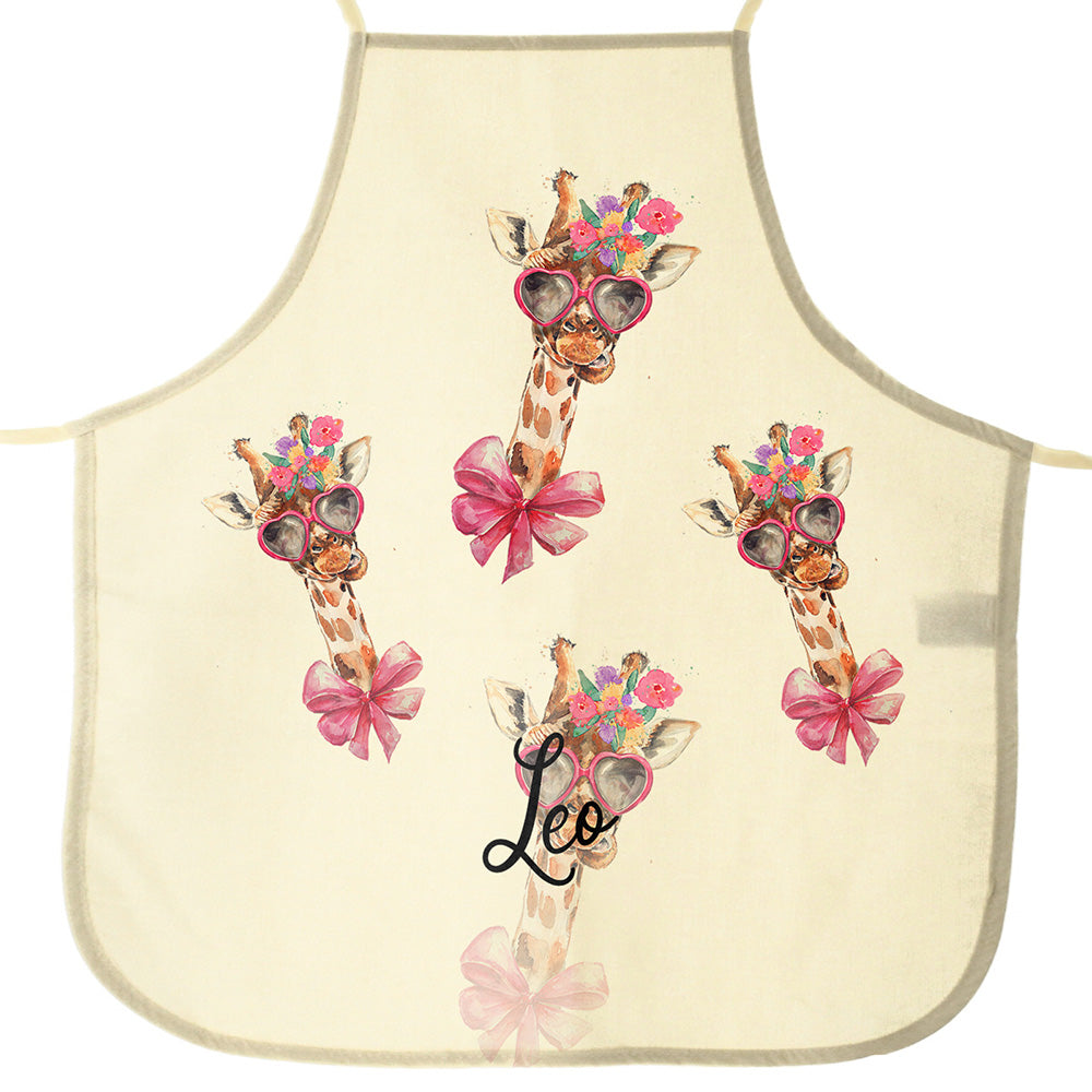 Personalised Canvas Apron with Giraffe Bow Flowers and Name Design