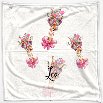 Personalised Giraffe Bow Flowers and Name Baby Blanket