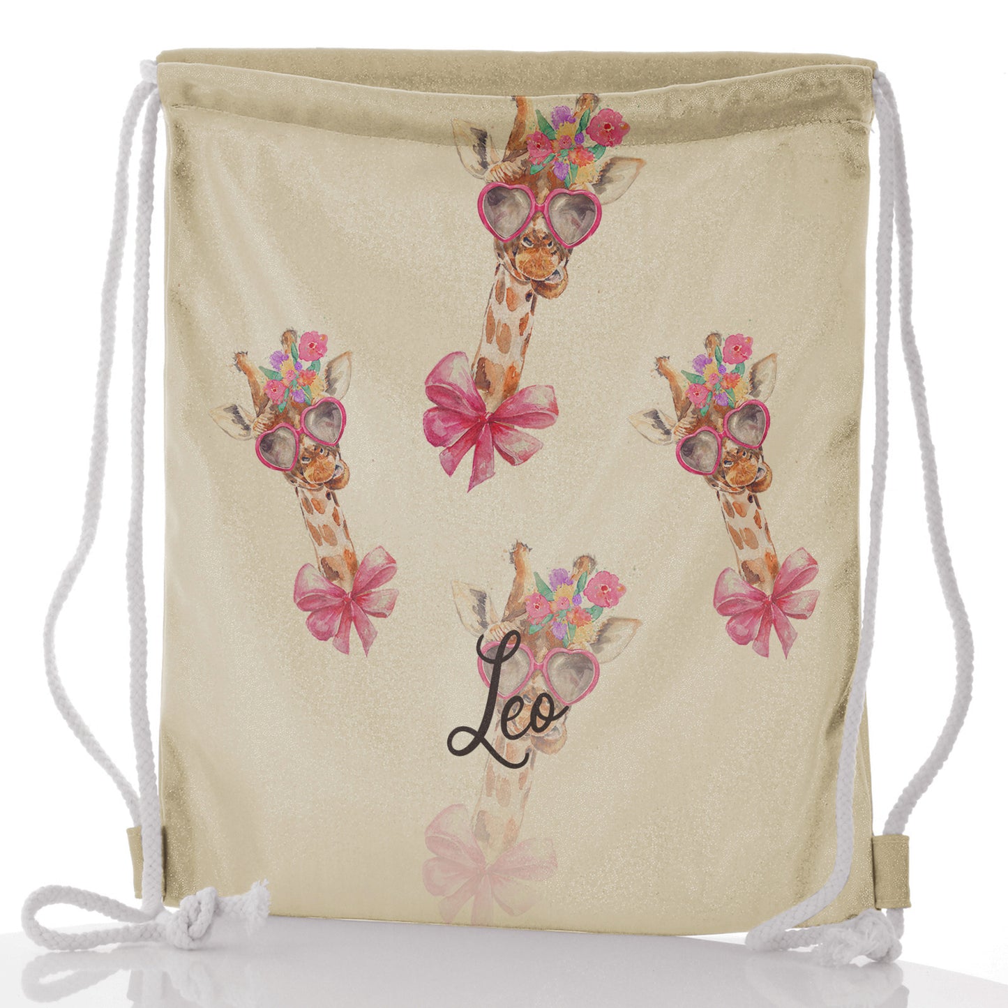 Personalised Glitter Drawstring Backpack with Giraffe Pink Bow Multicolour Flowers and Cute Text