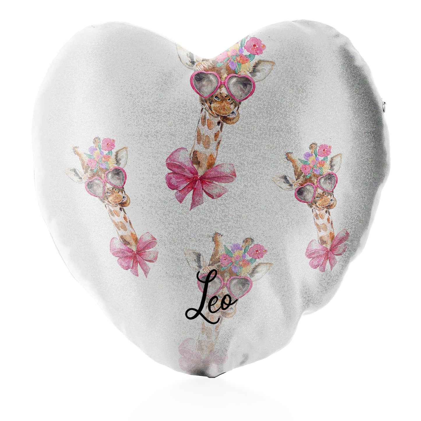 Personalised Glitter Heart Cushion with Giraffe Pink Bow Multicolour Flowers and Cute Text