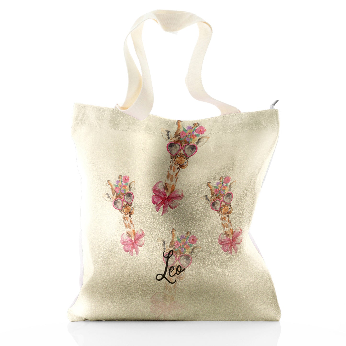 Personalisierte Glitzer-Einkaufstasche mit Giraffen-Rosa-Schleife, mehrfarbigen Blumen und niedlichem Text