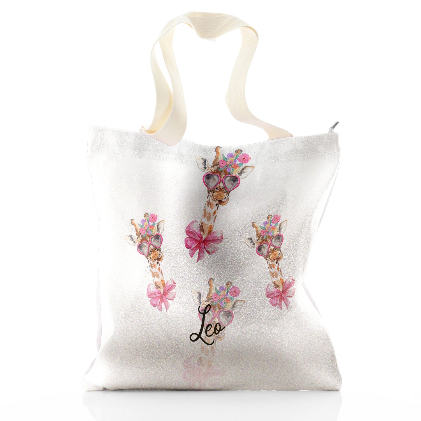 Personalisierte Glitzer-Einkaufstasche mit Giraffen-Rosa-Schleife, mehrfarbigen Blumen und niedlichem Text