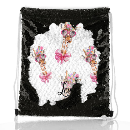 Personalised Sequin Drawstring Backpack with Giraffe Pink Bow Multicolour Flowers and Cute Text