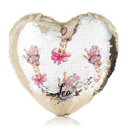 Personalised Sequin Heart Cushion with Giraffe Pink Bow Multicolour Flowers and Cute Text