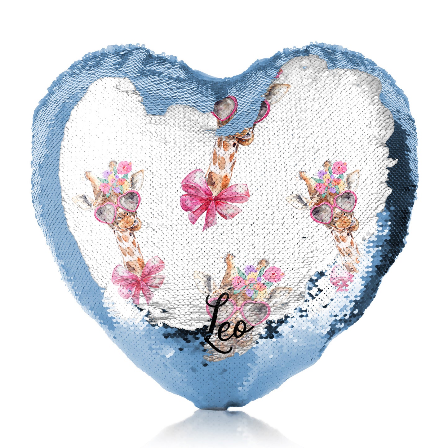Personalised Sequin Heart Cushion with Giraffe Pink Bow Multicolour Flowers and Cute Text