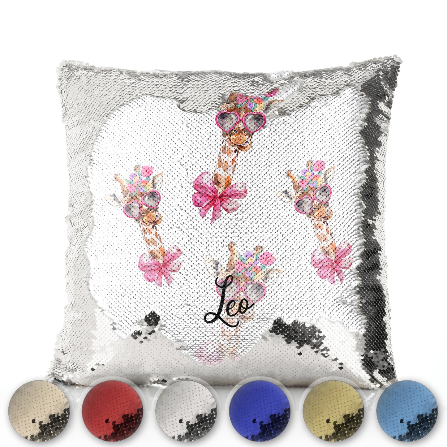 Personalised Sequin Cushion with Giraffe Pink Bow Multicolour Flowers and Cute Text