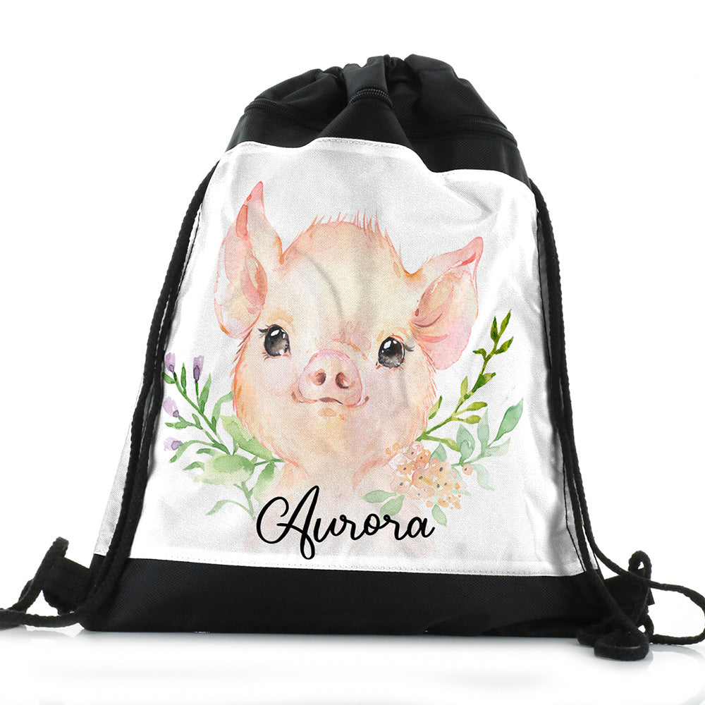 Personalised Pink Glitter Pig Flowers and Name Black Drawstring Backpack