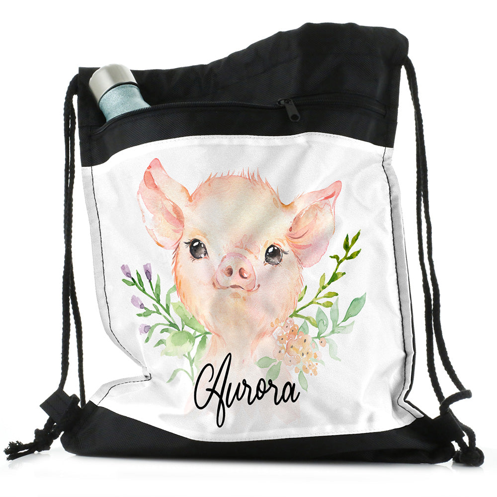 Personalised Pink Glitter Pig Flowers and Name Black Drawstring Backpack