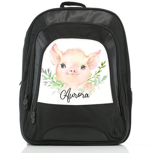 Personalised Large Multifunction Backpack with Pink Pig Flowers and Cute Text