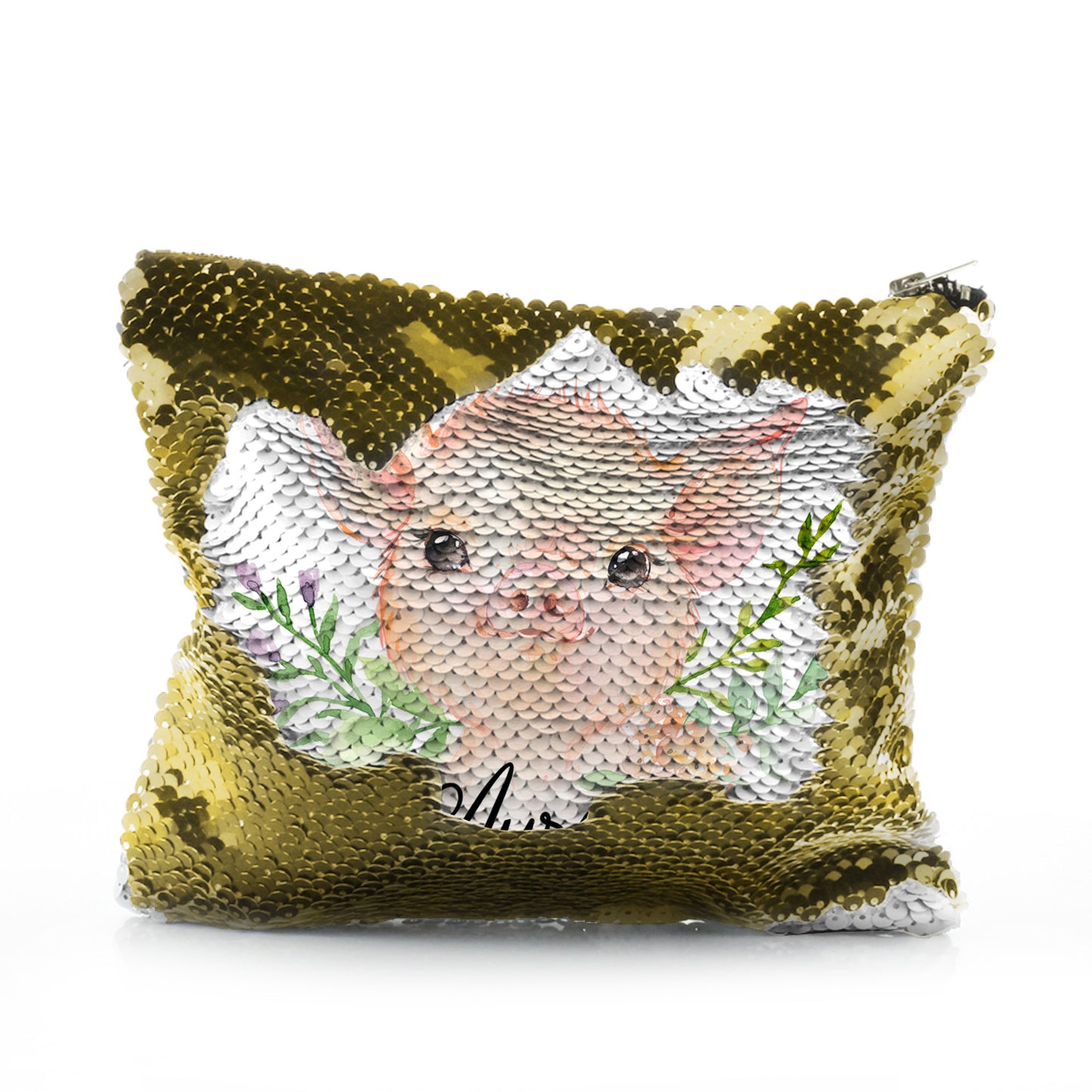Personalised Sequin Zip Bag with Pink Pig Flowers and Cute Text