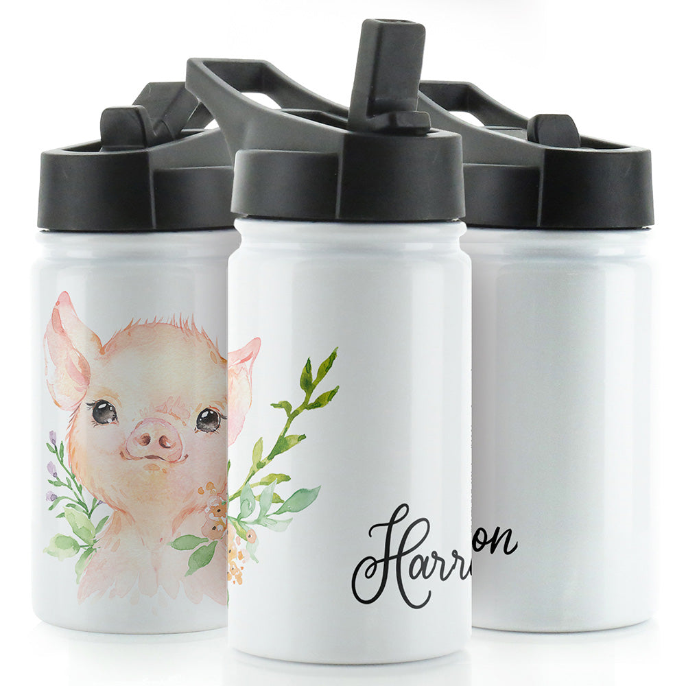 Personalisierte rosa Schweineblumen und Name, weiße Sportflasche