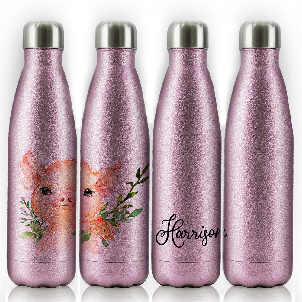 Personalisierte rosa Glitzer-Schweinchen-Blumen und Cola-Flasche mit Namen