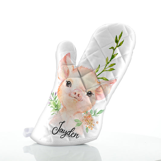 Personalised Pink Pig Flowers and Name Oven Glove