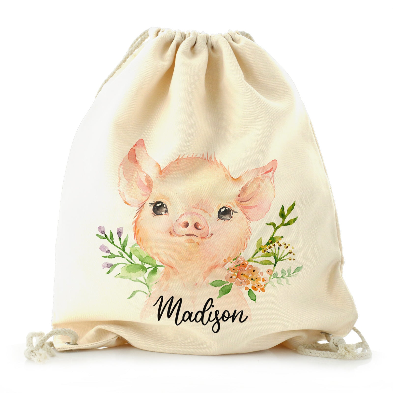 Personalised Canvas Drawstring Backpack with Pink Pig Flowers and Cute Text