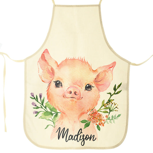 Personalisierte Canvas-Schürze mit rosa Schweineblumen und Namensdesign