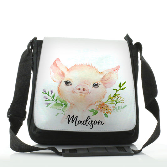 Personalised Shoulder Bag with Pink Pig Flowers and Cute Text