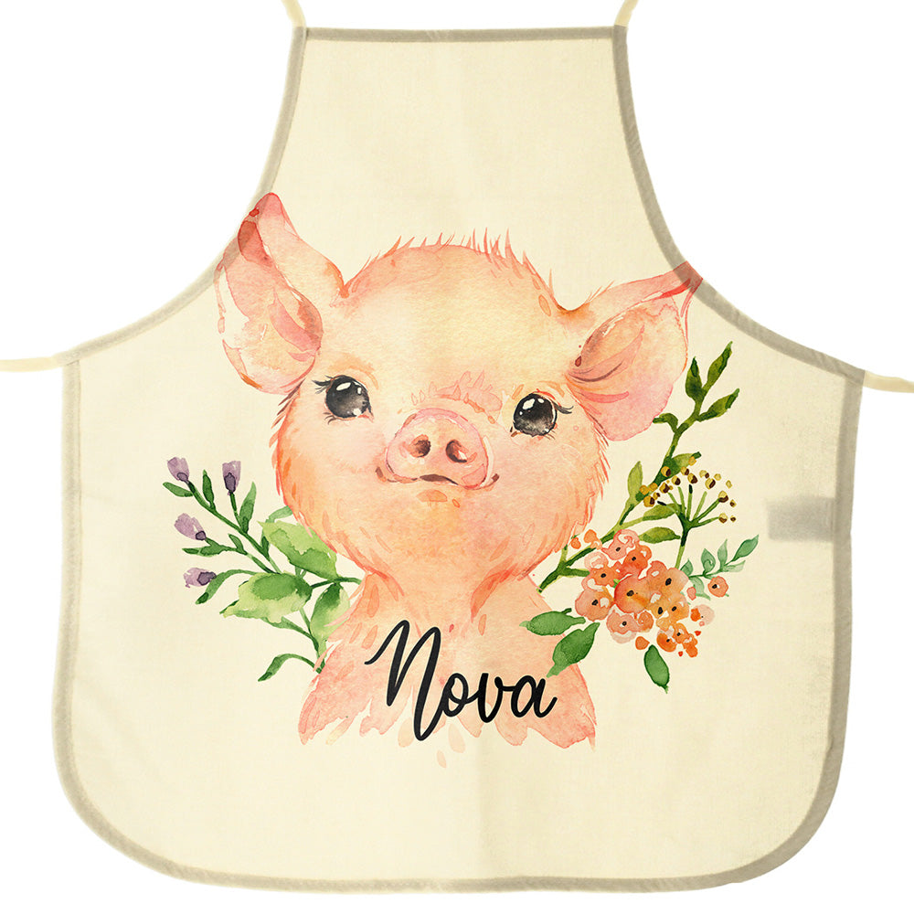 Personalised Canvas Apron with Pink Pig Flowers and Name Design