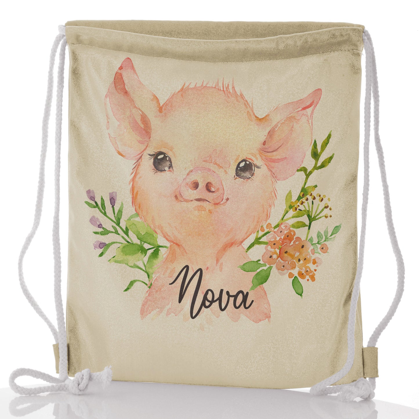 Personalised Glitter Drawstring Backpack with Pink Pig Flowers and Cute Text