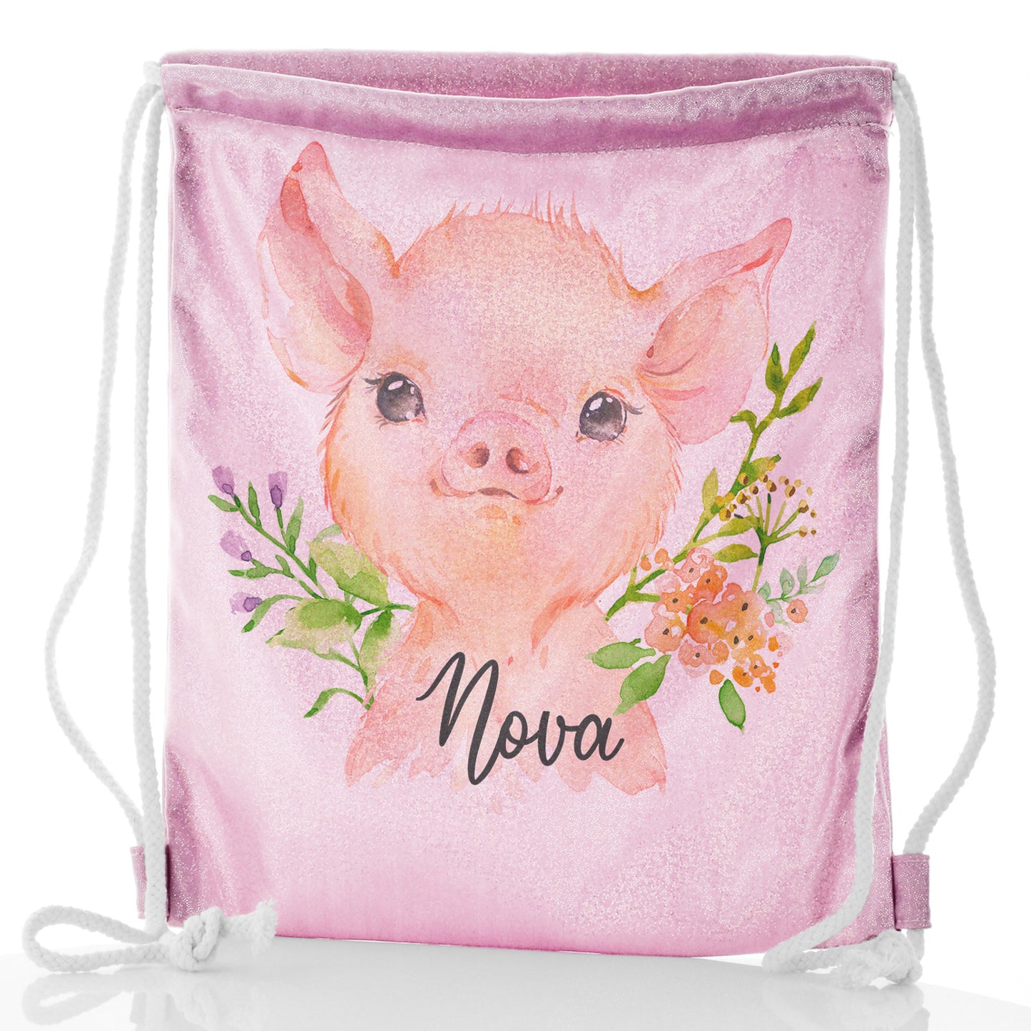 Personalised Glitter Drawstring Backpack with Pink Pig Flowers and Cute Text