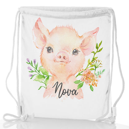 Personalised Glitter Drawstring Backpack with Pink Pig Flowers and Cute Text