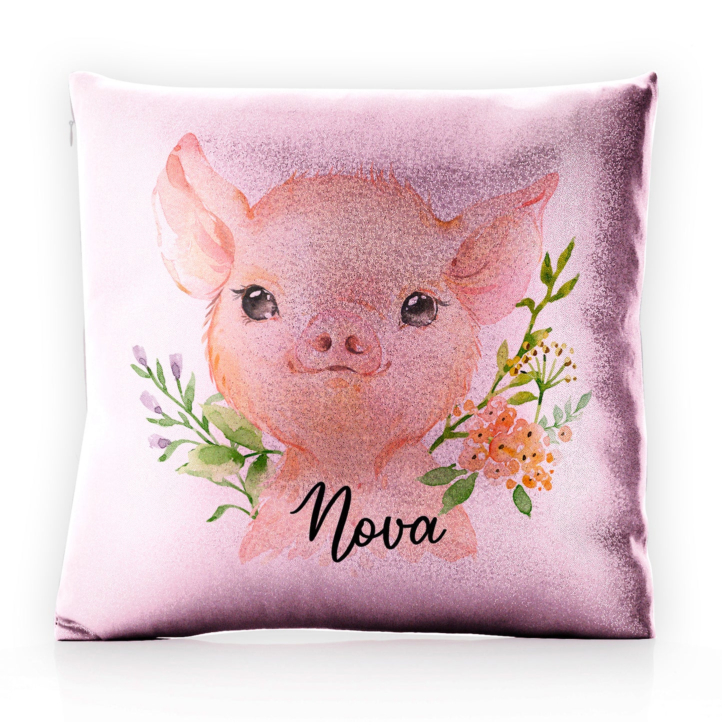 Personalised Glitter Cushion with Pink Pig Flowers and Cute Text