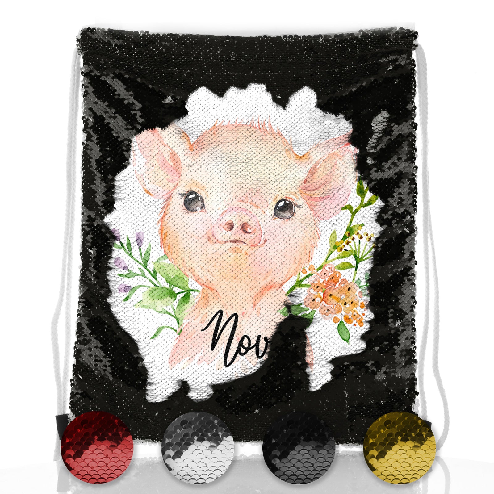 Personalised Sequin Drawstring Backpack with Pink Pig Flowers and Cute Text