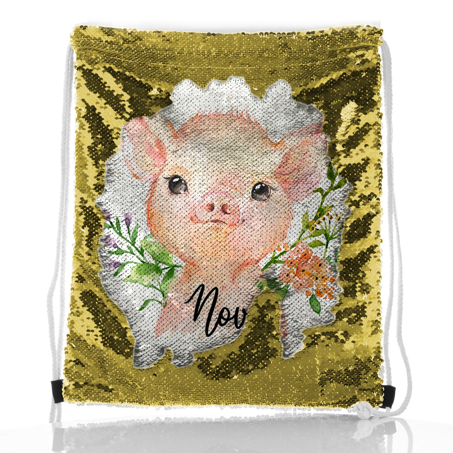 Personalisierter Pailletten-Rucksack mit Kordelzug, rosa Schweineblumen und niedlichem Text