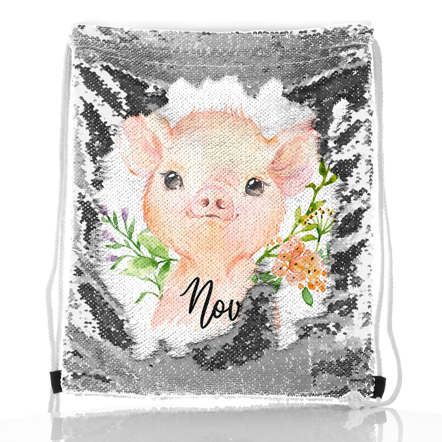 Personalisierter Pailletten-Rucksack mit Kordelzug, rosa Schweineblumen und niedlichem Text