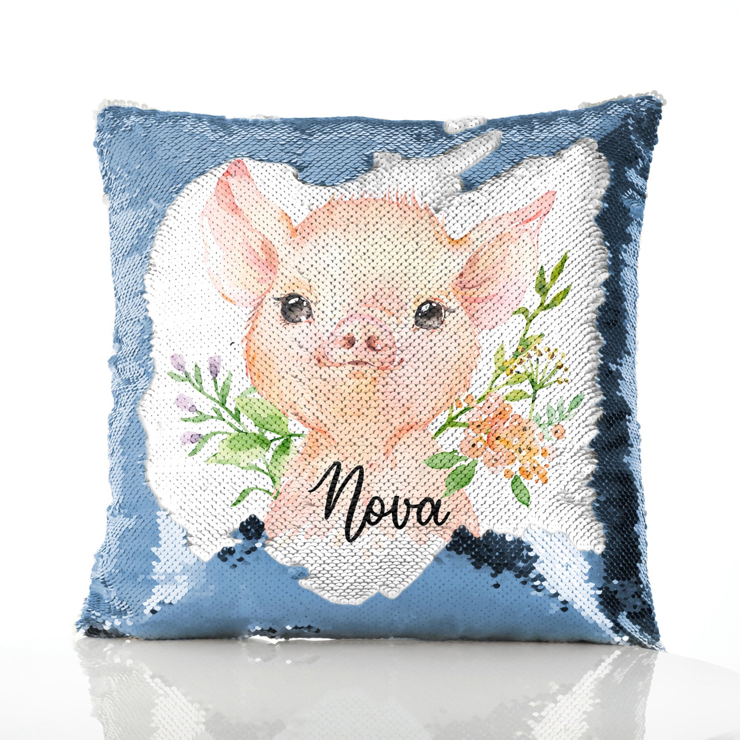 Personalised Sequin Cushion with Pink Pig Flowers and Cute Text