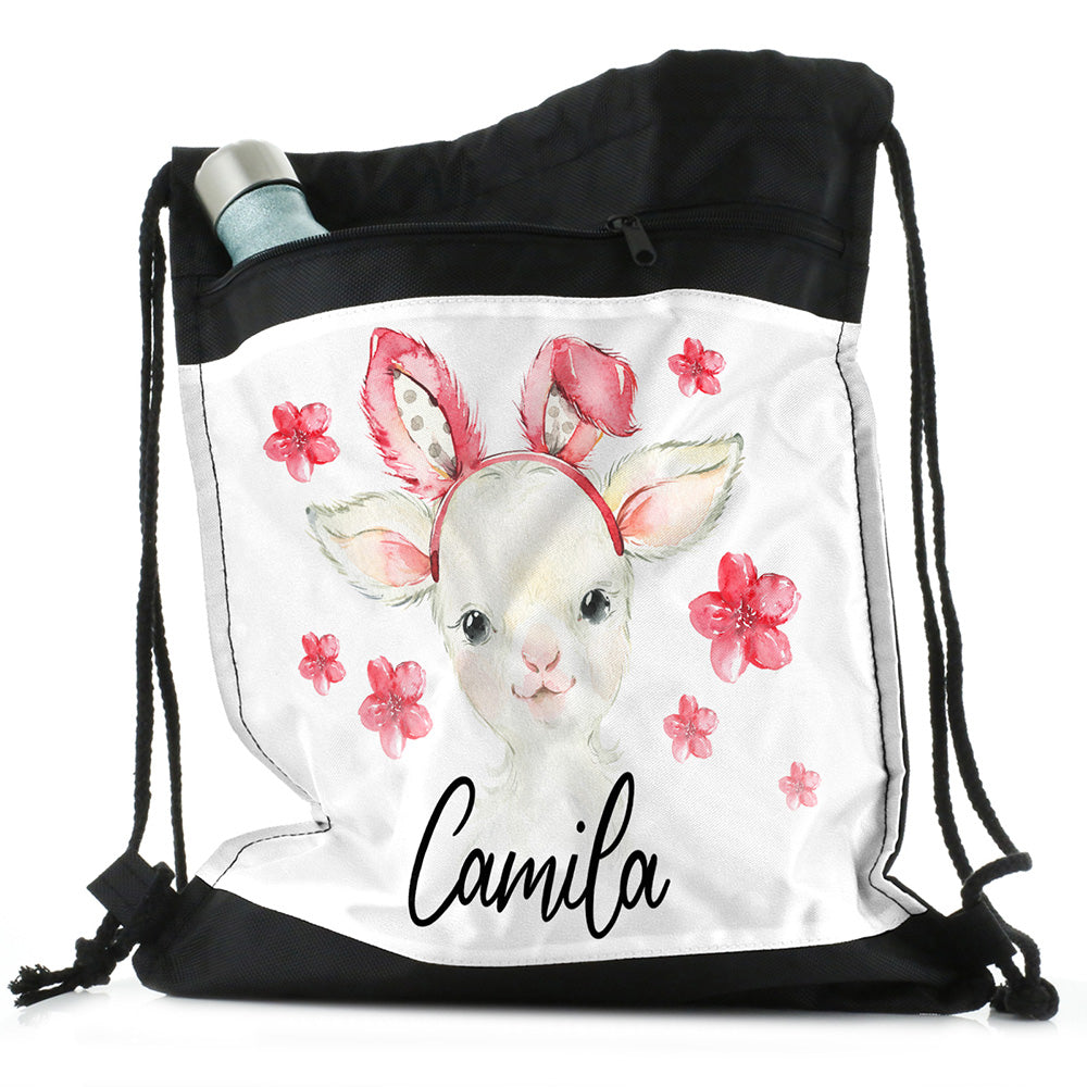 Personalised Lamb Pink Glitter Bunny Ears and Name Black Drawstring Backpack