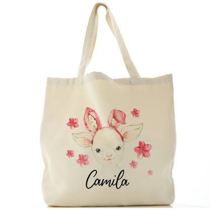Personalised Canvas Tote Bag with White Lamb Pink Bunny Ears and Flowers and Cute Text