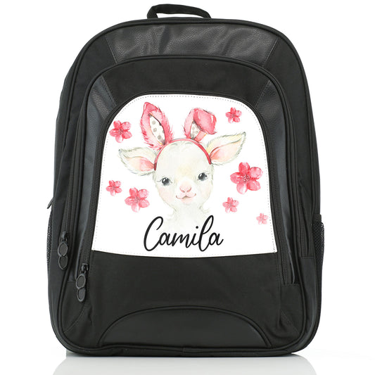 Personalised Large Multifunction Backpack with White Lamb Pink Bunny Ears and Flowers and Cute Text