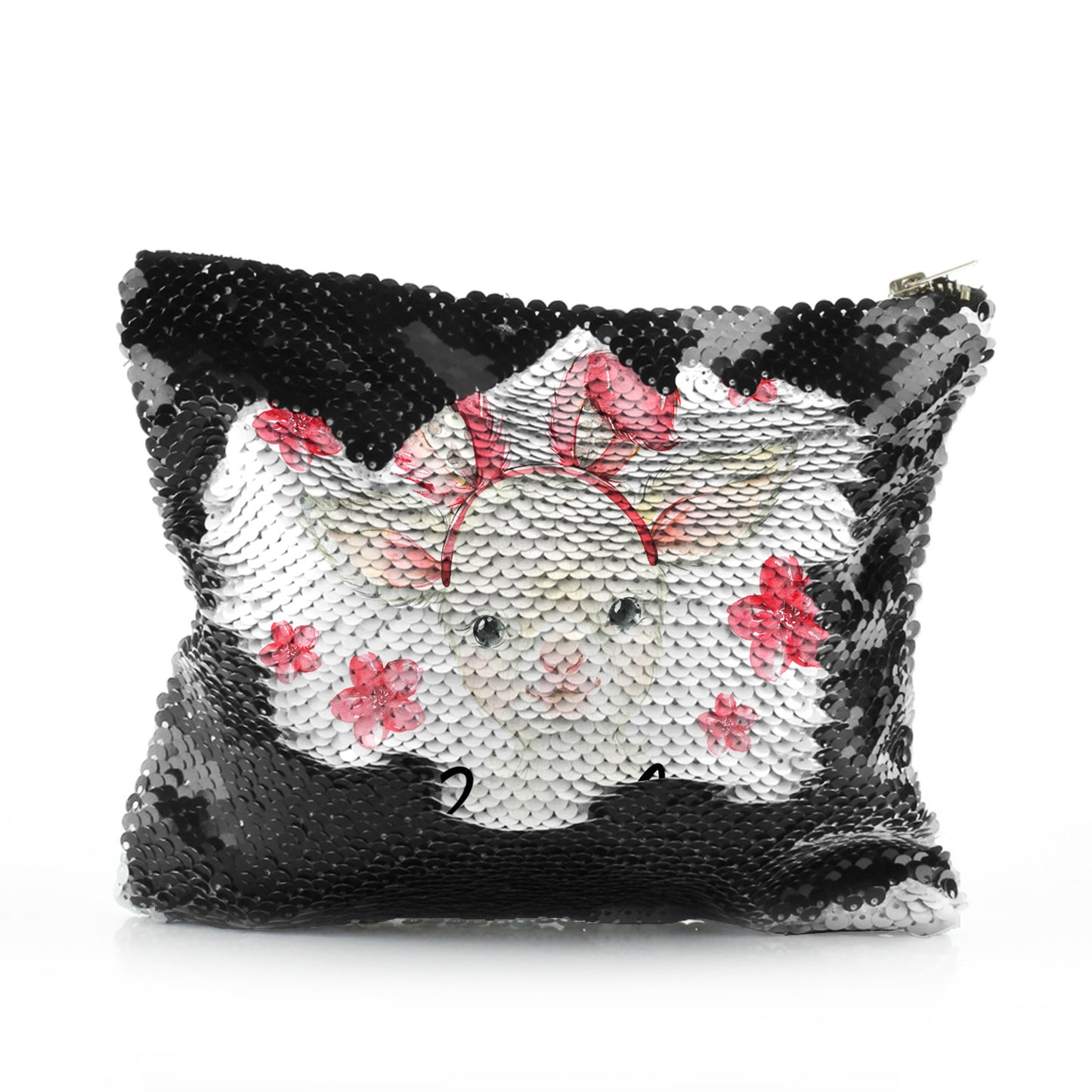 Personalisierte Pailletten-Reißverschlusstasche mit weißen Lammrosa-Hasenohren und Blumen und süßem Text