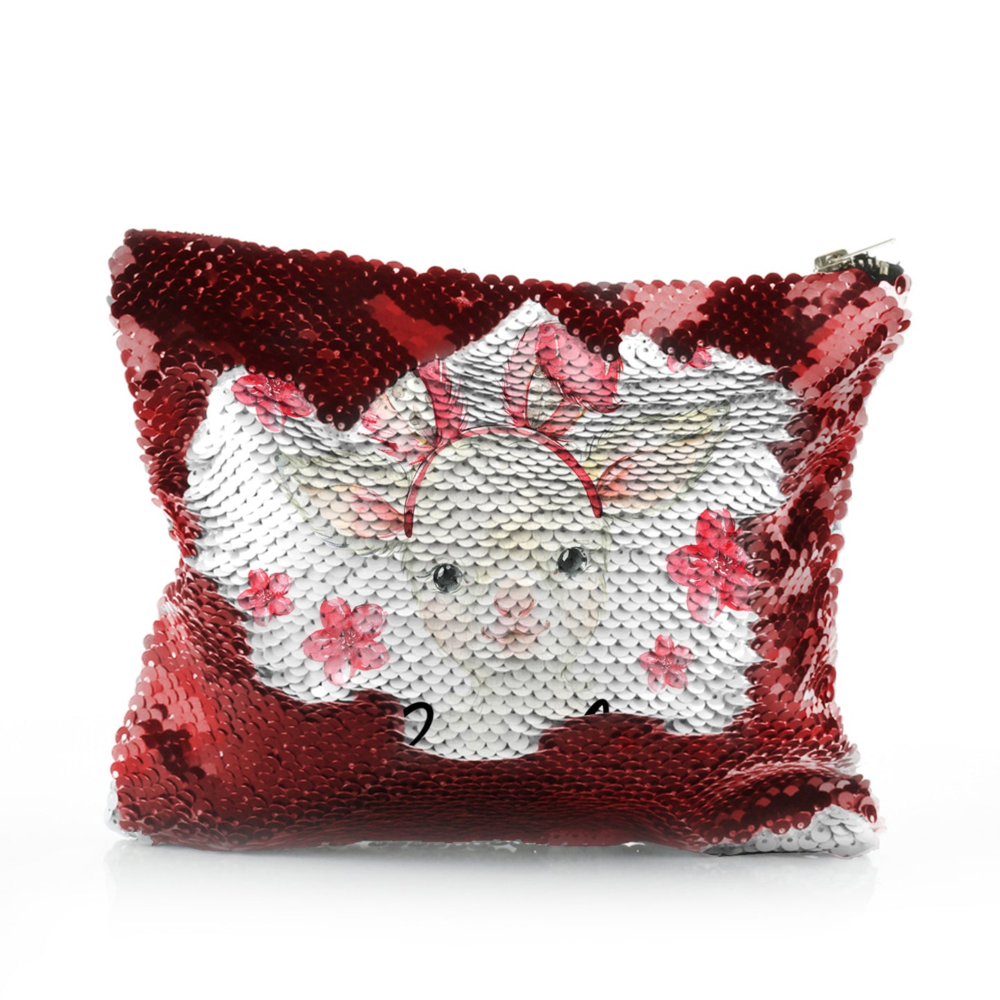 Personalisierte Pailletten-Reißverschlusstasche mit weißen Lammrosa-Hasenohren und Blumen und süßem Text