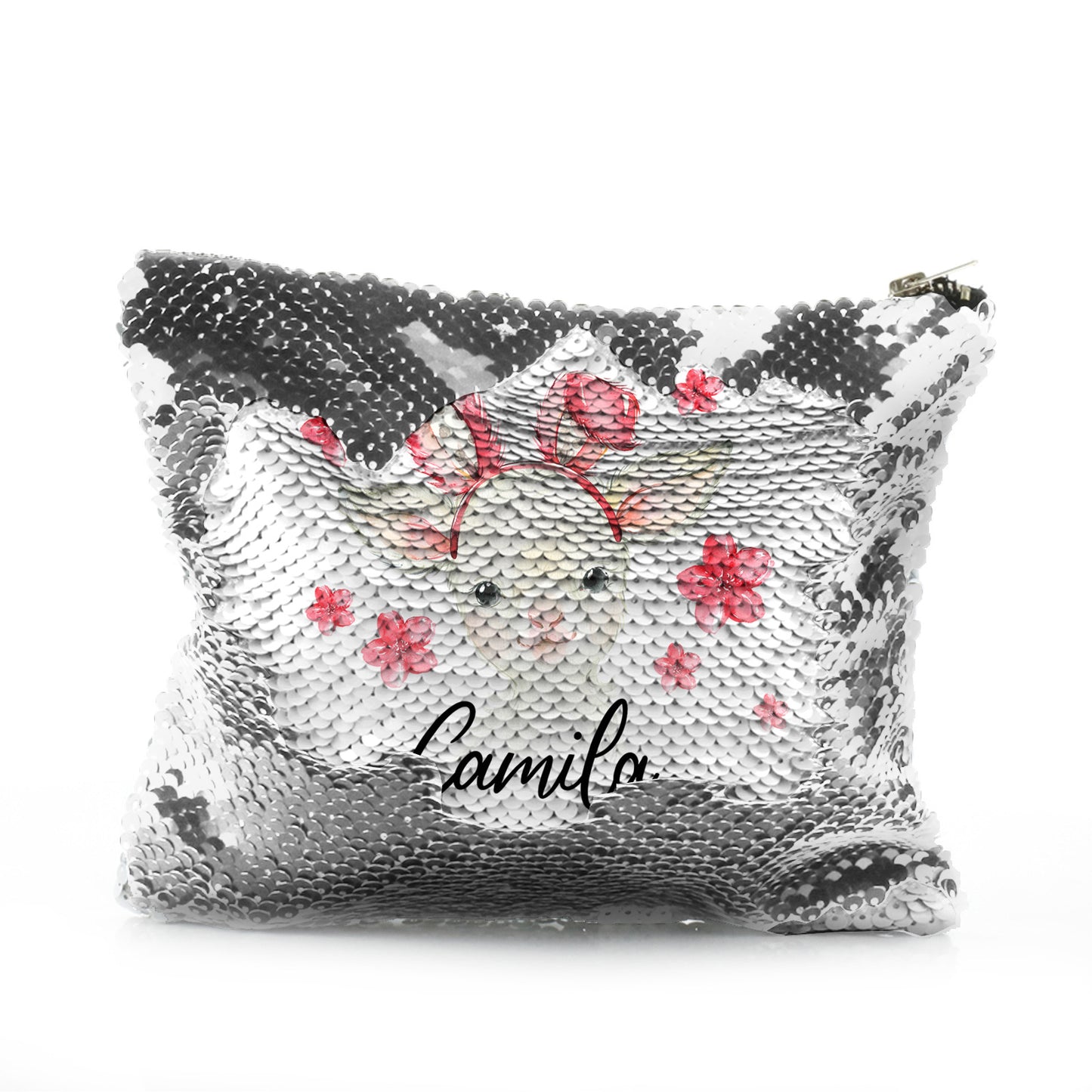 Personalised Sequin Zip Bag with White Lamb Pink Bunny Ears and Flowers and Cute Text
