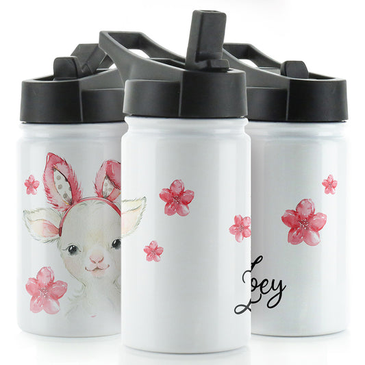 Personalised Lamb Pink Bunny Ears and Name White Sports Flask