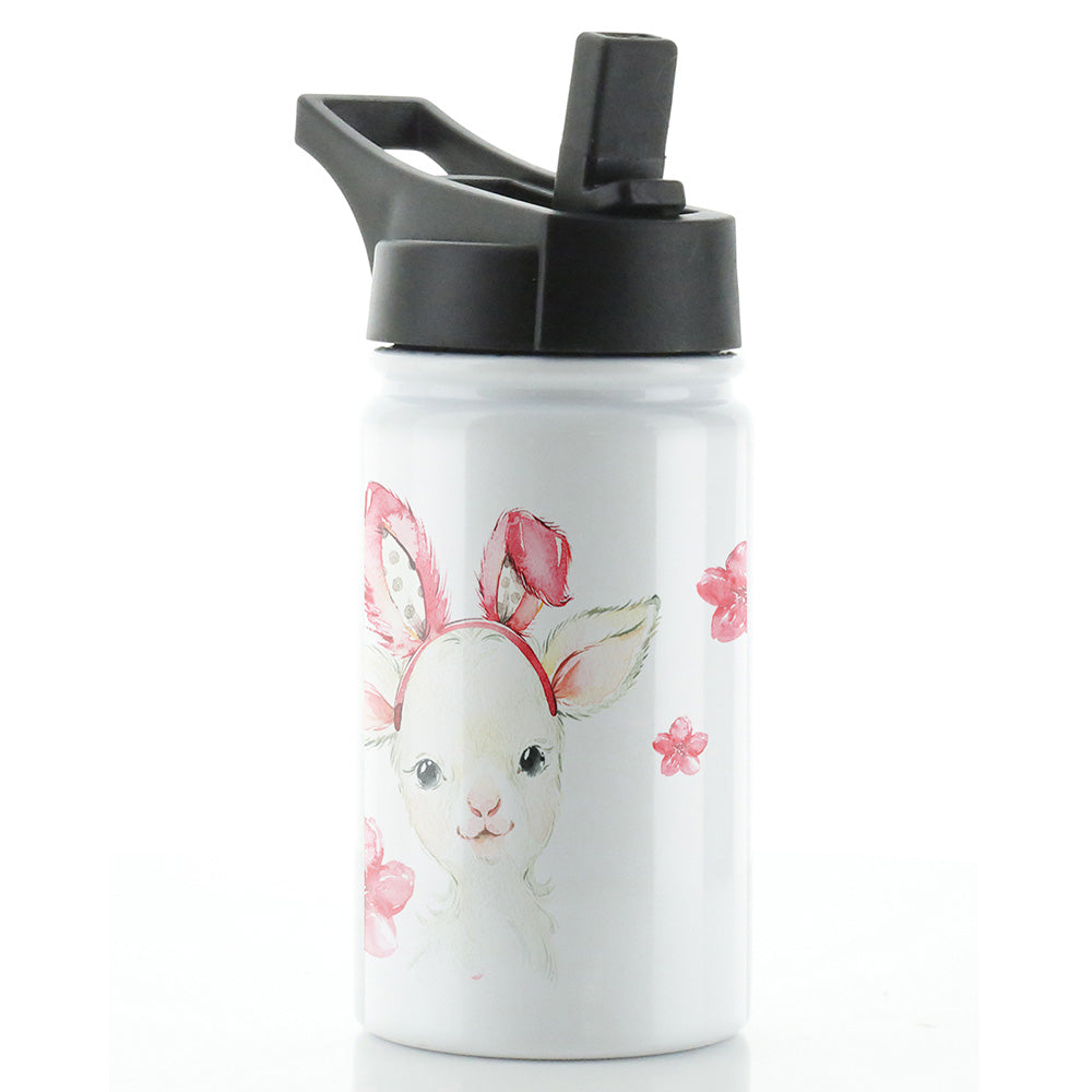 Personalised Lamb Pink Bunny Ears and Name White Sports Flask