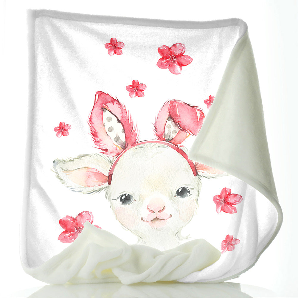 Personalised Lamb Pink Glitter Bunny Ears and Name Baby Blanket