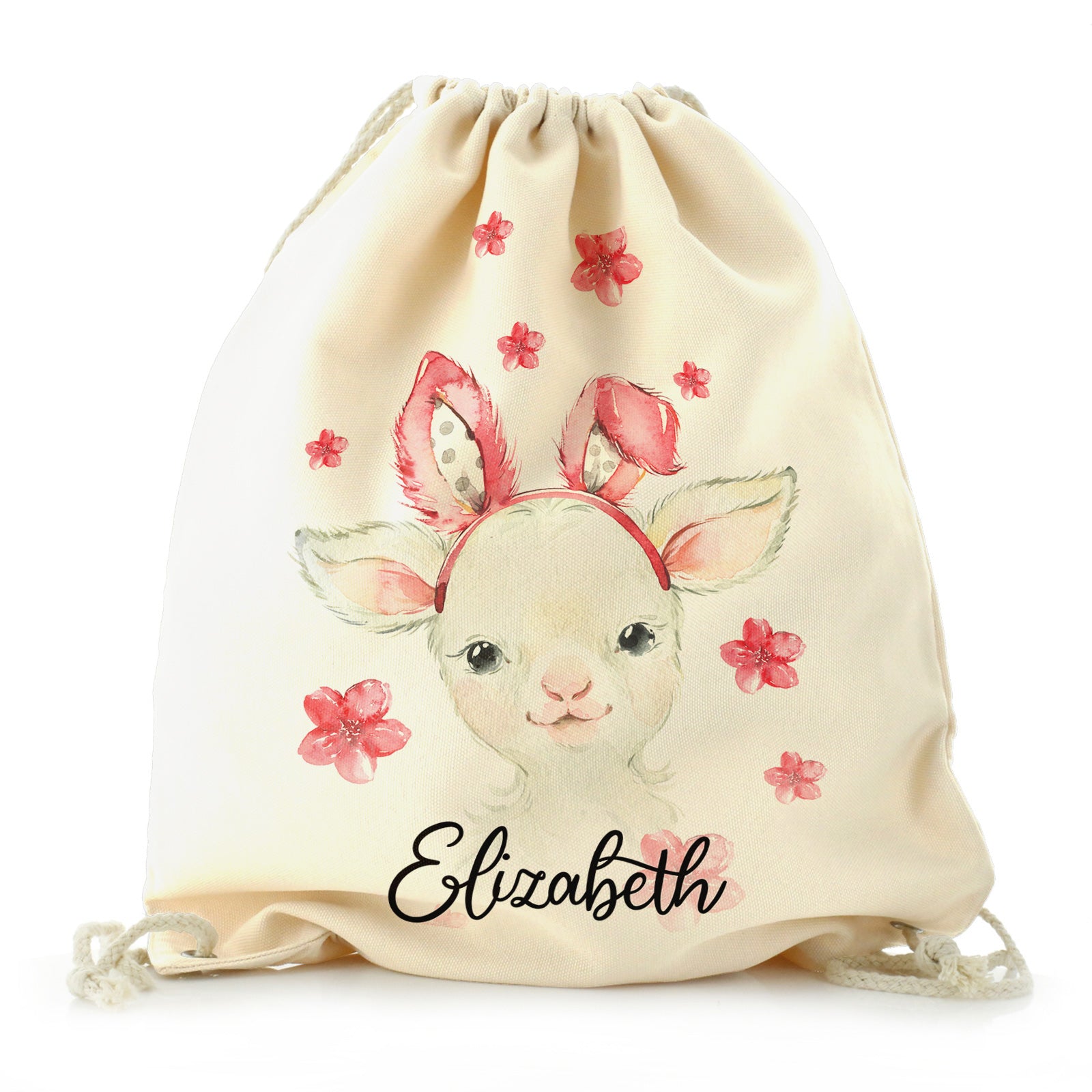 Personalised Canvas Drawstring Backpack with White Lamb Pink Bunny Ears and Flowers and Cute Text
