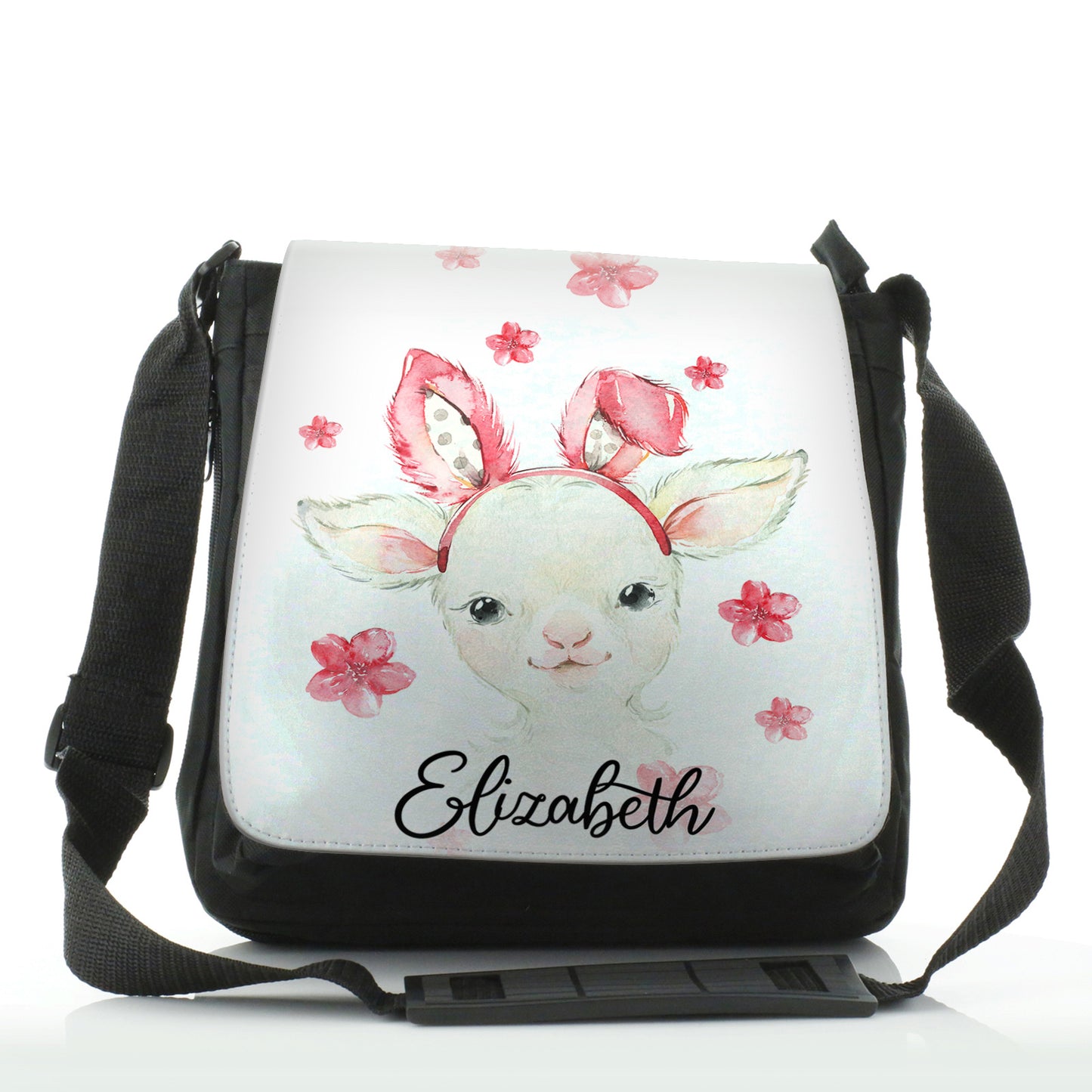 Personalised Shoulder Bag with White Lamb Pink Bunny Ears and Flowers and Cute Text